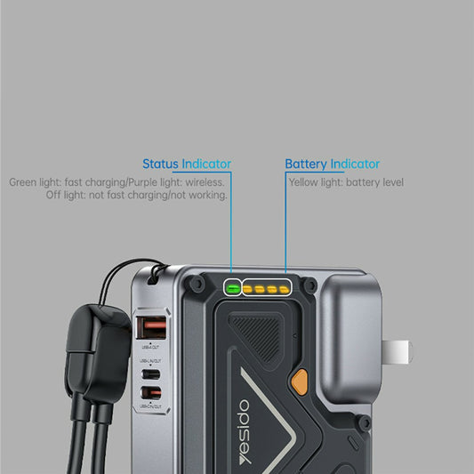 Ekstern batteri Yesido YP89, 10000mAh, 22.5W, QC + PD + FQI, 1 x Lightning - 1 x QI - 1 x USB-A - 1 x USB-C, Grå