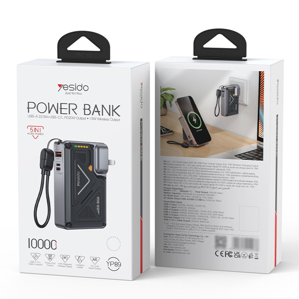 Ekstern batteri Yesido YP89, 10000mAh, 22.5W, QC + PD + FQI, 1 x Lightning - 1 x QI - 1 x USB-A - 1 x USB-C, Grå
