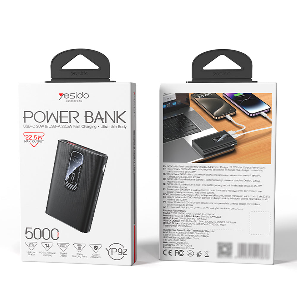 Ekstern batteri Yesido YP92, 5000mAh, 22.5W, QC + PD, 1 x USB-A - 1 x USB-C, Svart