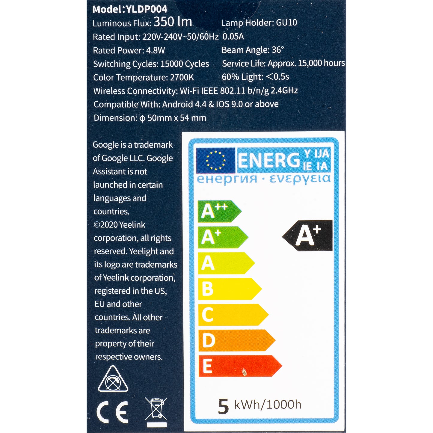 Yeelight W1 LED-pære, Wi-Fi, GU10, 4.8W, 2700K, 350lm YLDP004