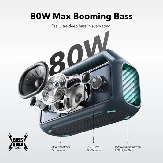 Anker SoundCore Boom 2 bærbar Bluetooth-høyttaler, 80 W, RGB, vanntett, blå A3138031