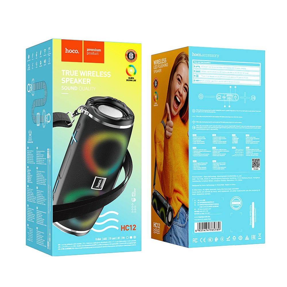 Bærbar Bluetooth-høyttaler HOCO HC12, 10W, RGB, Vanntett, Svart