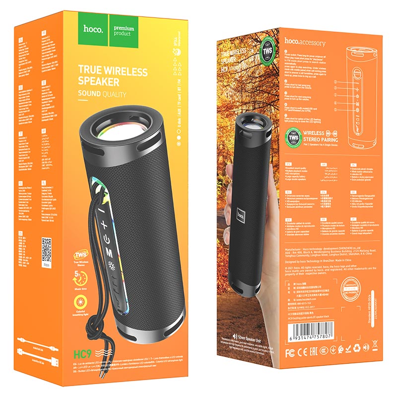 Bærbar Bluetooth-høyttaler HOCO HC9 Dazzling Pulse Sports, 10W, TWS, RGB, Svart