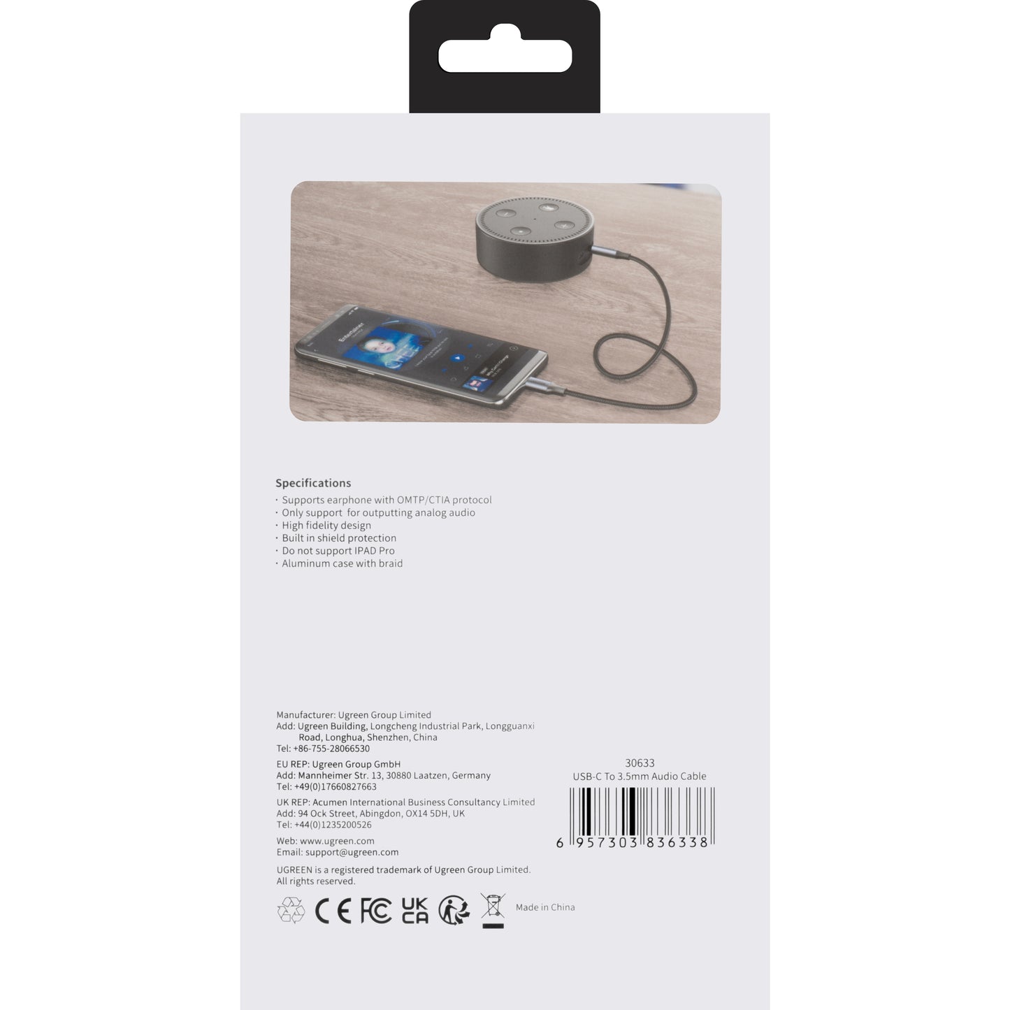 Audio Kabel USB-C - 3.5mm UGREEN AV143, 1m, Grå