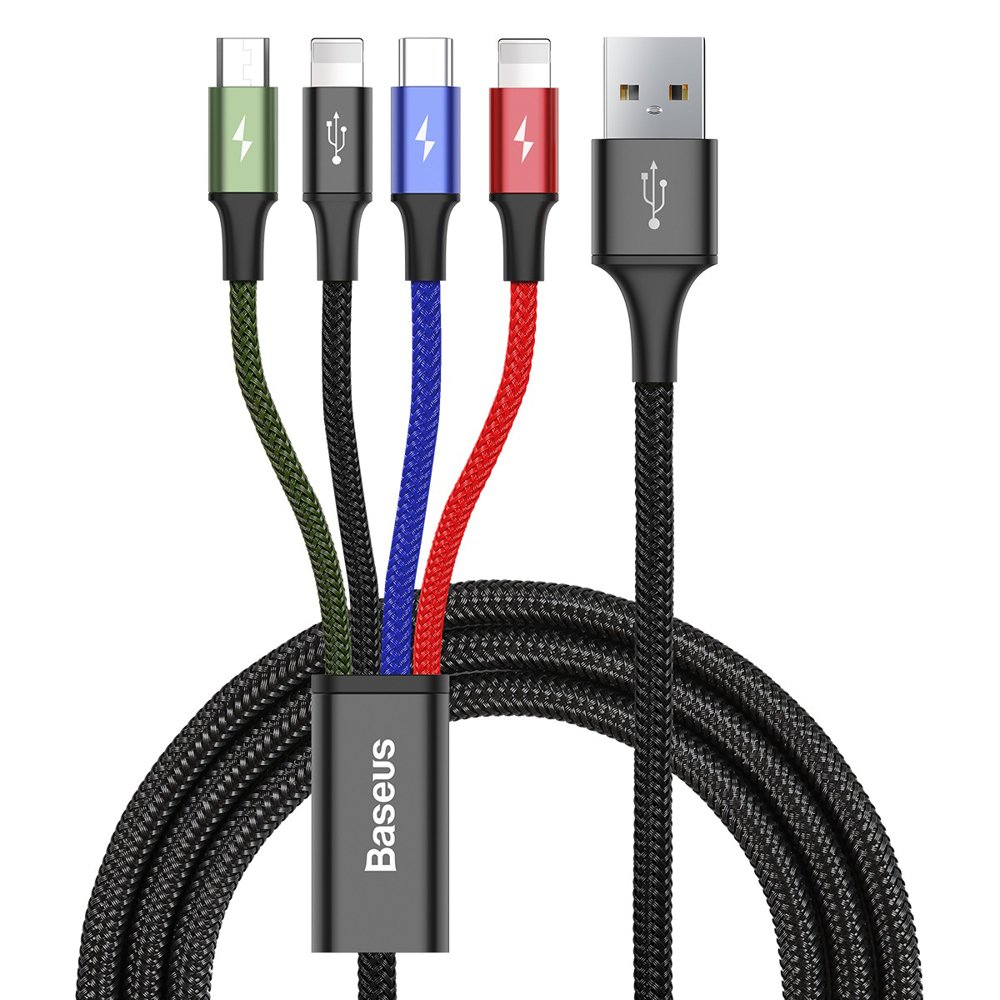 USB-A ladekabel - 2 x Lightning / microUSB / USB-C Baseus Rapid 4in1, 20W, 1.2m, Svart CA1T4-A01