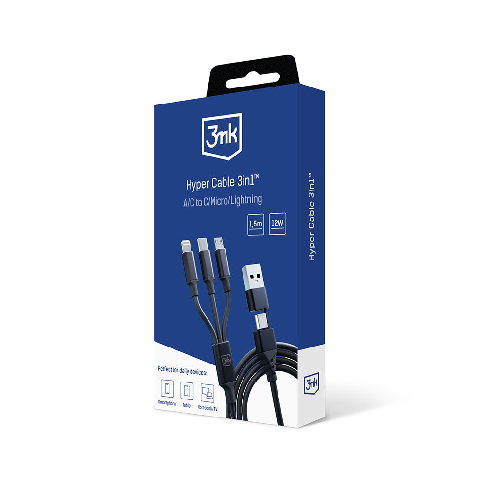 USB-A / USB-C - Lightning / microUSB / USB-C 3MK Hyper 3in1 ladekabel, 12W, 1.5m, Svart