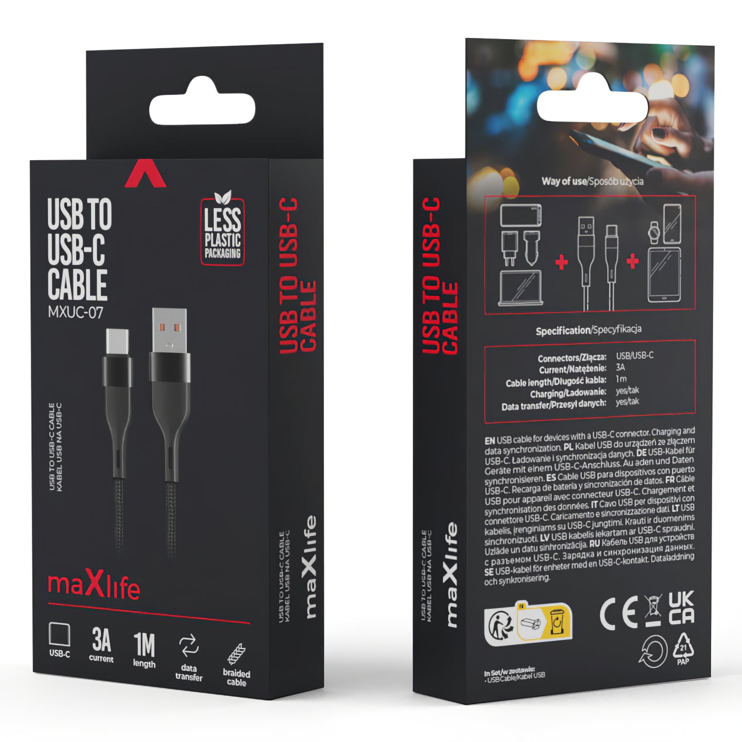 USB-A til USB-C MaXlife MXUC-07, 20 W, 1 m, svart