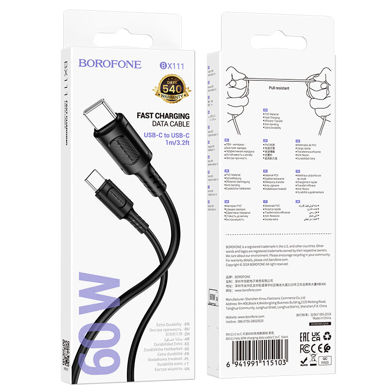 USB-C data- og ladekabel - USB-C Borofone BX111 Feliz, 60W, 1m, Svart