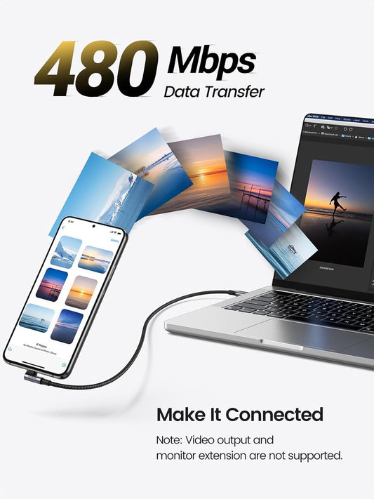 USB-C data- og ladekabel - USB-C UGREEN US334 Vinklet, 100 W, 2 m, svart