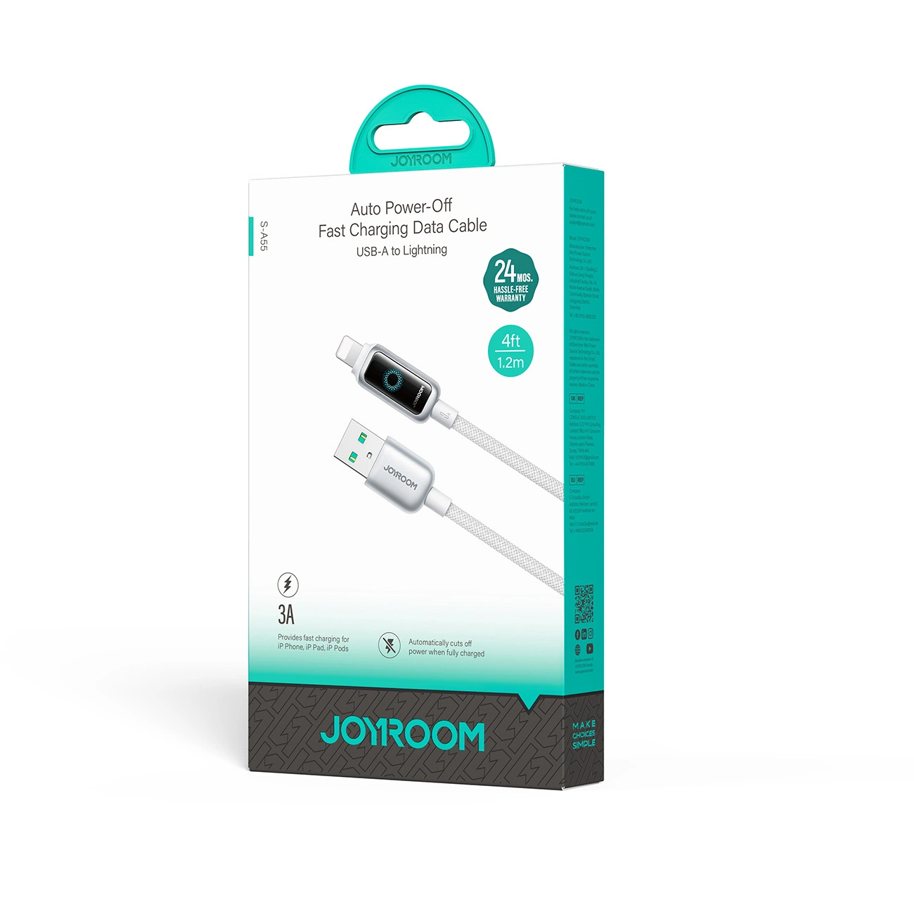 USB-A - Lightning Joyroom S-A55 StarFlight Display data- og ladekabel, 18W, 1.2m, Hvit