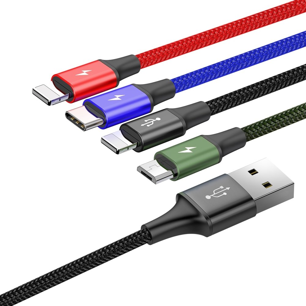 USB-A ladekabel - 2 x Lightning / microUSB / USB-C Baseus Rapid 4in1, 20W, 1.2m, Svart CA1T4-A01
