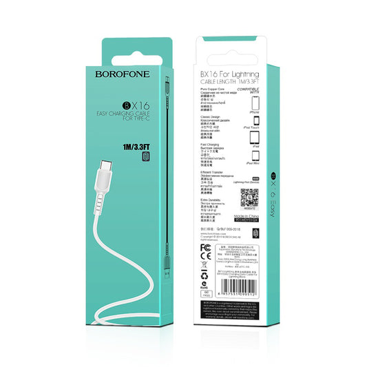 Data- og ladekabel USB-A til USB-C Borofone BX16, 18 W, 1 m, hvit