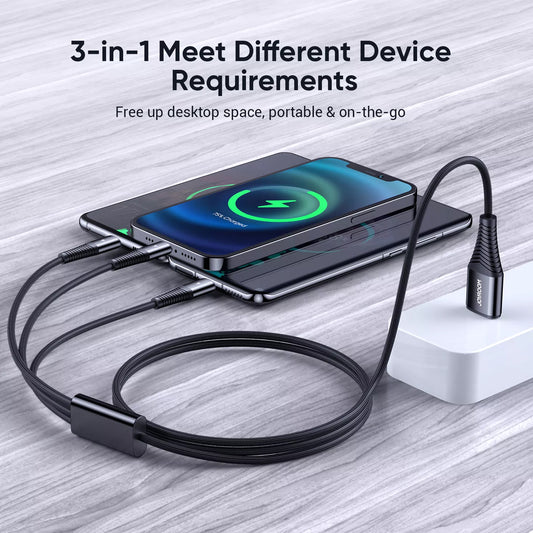 Joyroom S-1230G4 3in1 USB-A til Lightning / microUSB / USB-C ladekabel, 20W, 1,2 m, svart
