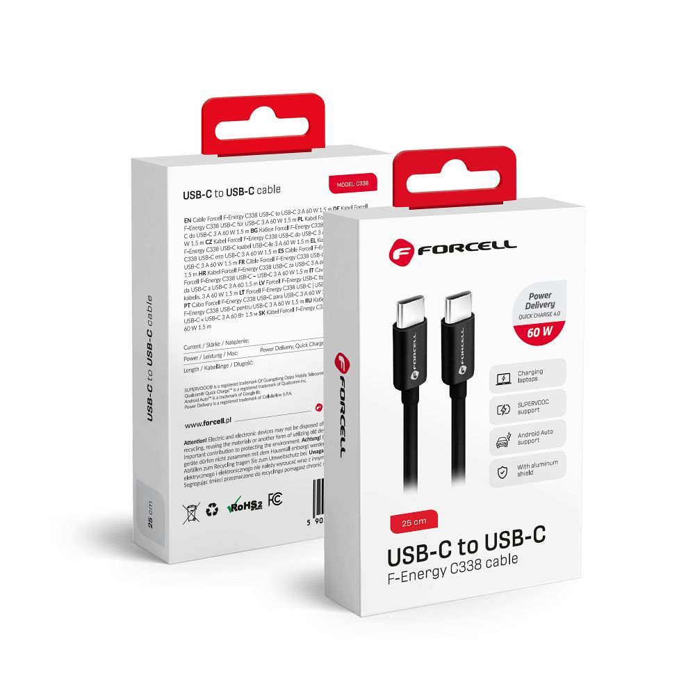 USB-C til USB-C data- og ladekabel Forcell F-Energy C338, 60W, 0.25m, Svart