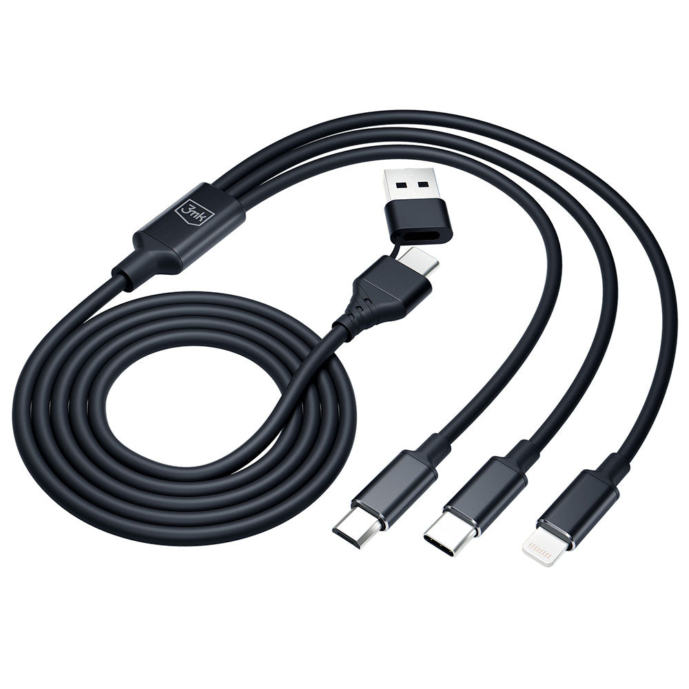 USB-A / USB-C - Lightning / microUSB / USB-C 3MK Hyper 3in1 ladekabel, 12W, 1.5m, Svart