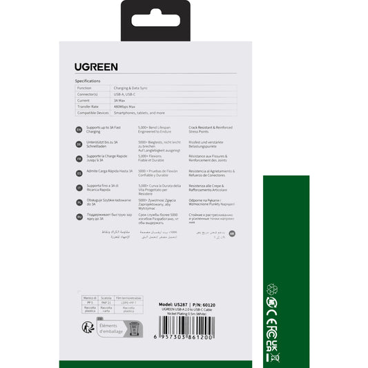 Data- og ladekabel USB-A - USB-C UGREEN US287, 60W, 0,5 m, hvit