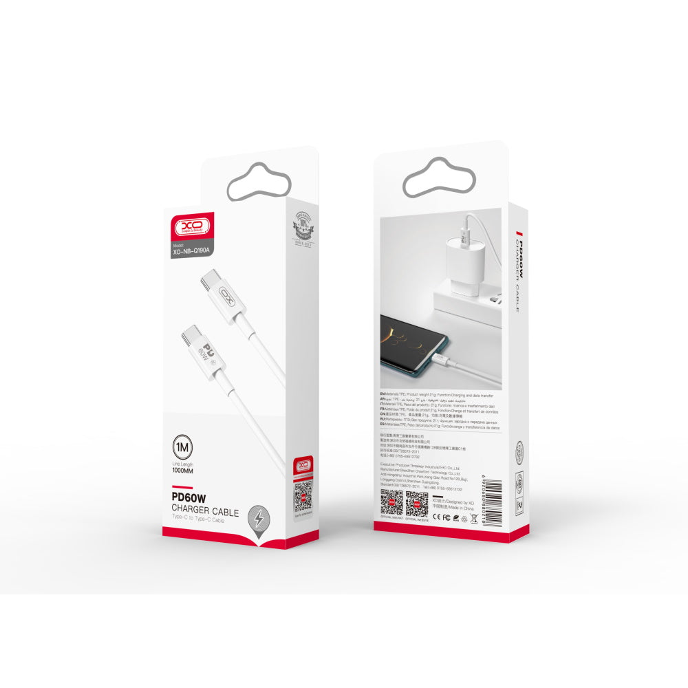 Data- og ladekabel USB-C til USB-C XO Design NB-Q190A, 60W, 1m, Hvit