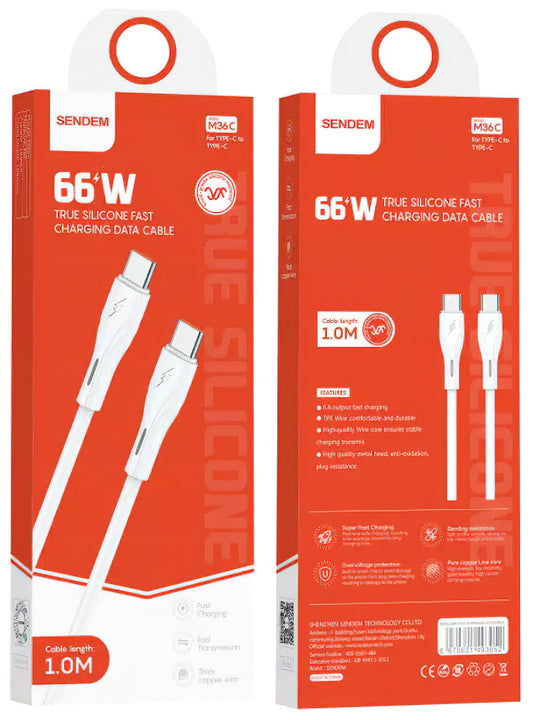 USB-C data- og ladekabel - USB-C Sendem M36C, 66W, 1m, hvit