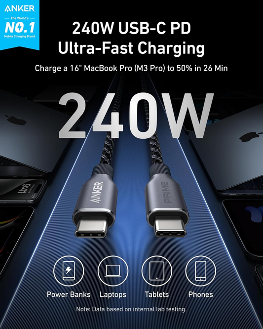 Anker Prime USB-C til USB-C data- og ladekabel, 240 W, 0,9 m, svart A88E2011