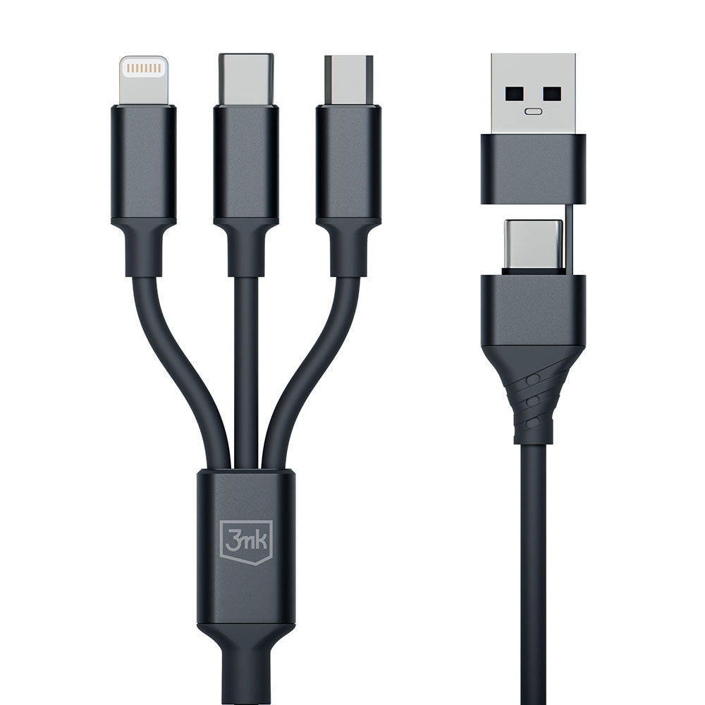 USB-A / USB-C - Lightning / microUSB / USB-C 3MK Hyper 3in1 ladekabel, 12W, 1.5m, Svart