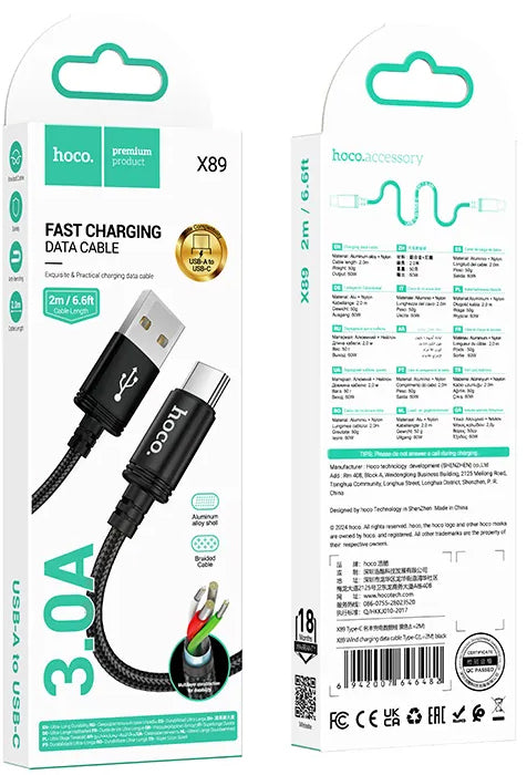 USB-A til USB-C data- og ladekabel HOCO X89, 18W, 2m, Svart