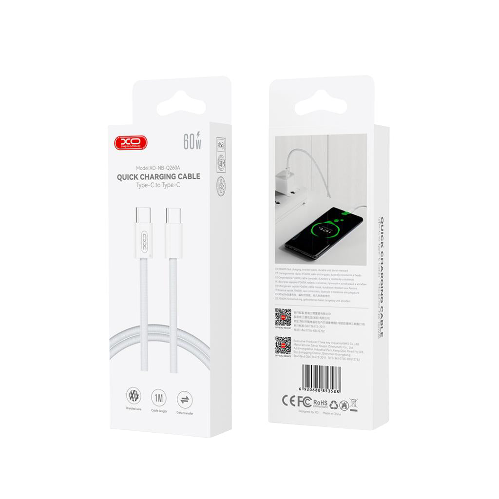 USB-C data- og ladekabel - USB-C XO Design NB-Q260B, 60W, 1.5m, Hvit