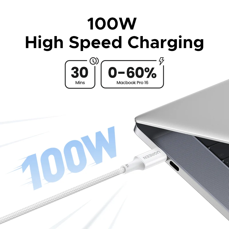 USB-C Data- og ladekabel - USB-C UGREEN L502 (35221), 100W, 2m, Hvit