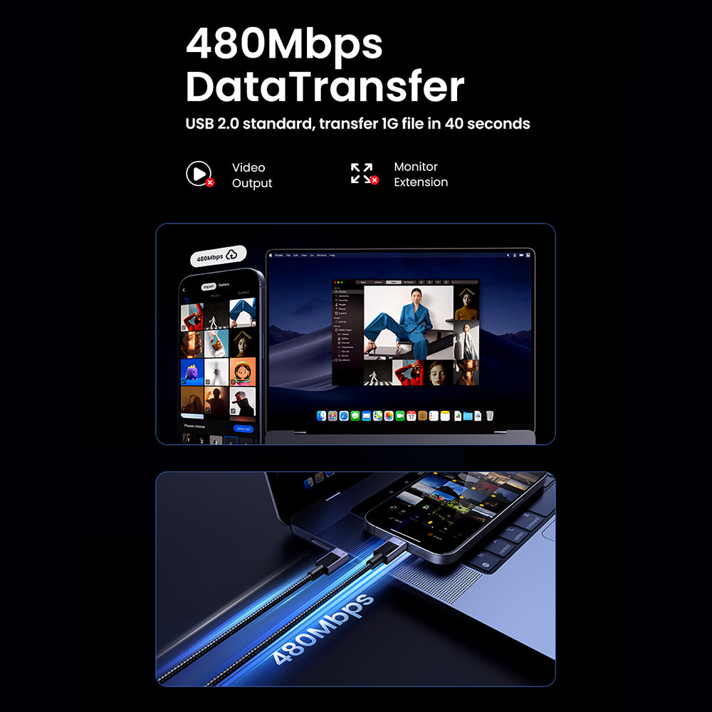 USB-C til USB-C Data- og Ladekabel UGREEN L513, 240W, 2m, Svart