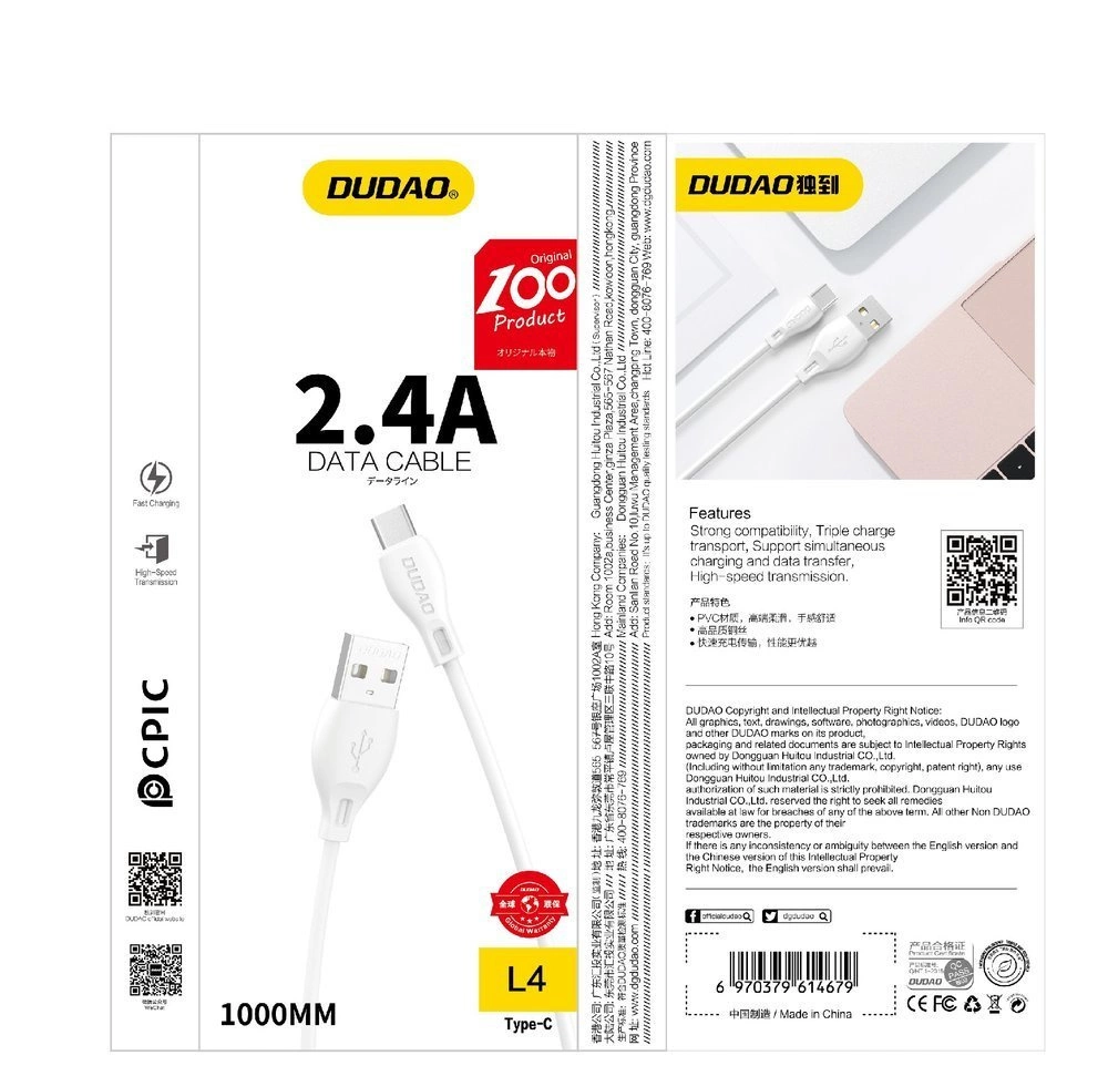 USB-A til Lightning data- og ladekabel Dudao L4L, 18W, 1m, hvit