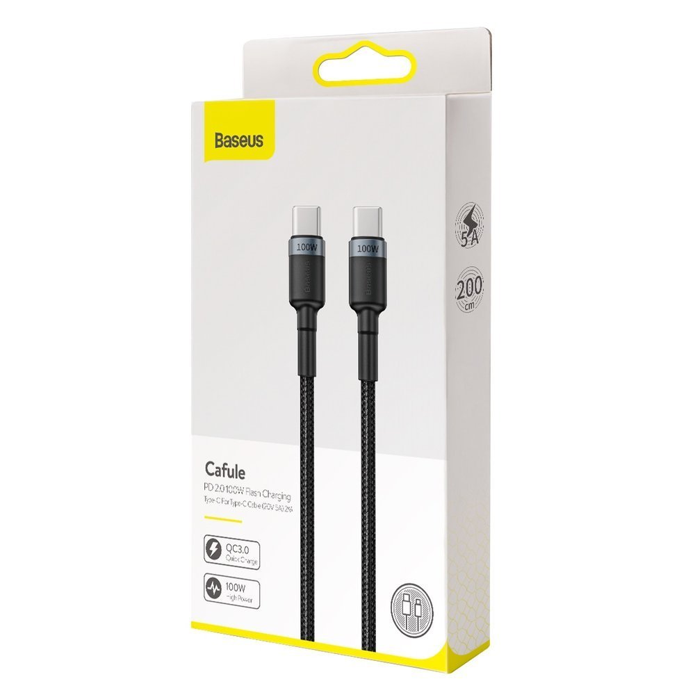 USB-C data- og ladekabel - USB-C Baseus Cafule, 100 W, 2 m, grå CATKLF-ALG1