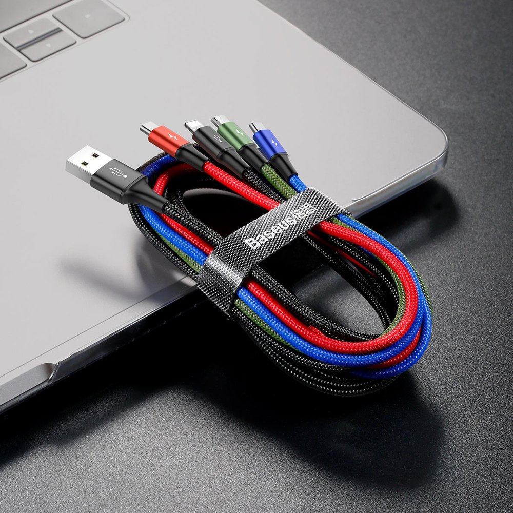 USB-A ladekabel - 2 x Lightning / microUSB / USB-C Baseus Rapid 4in1, 20W, 1.2m, Svart CA1T4-A01