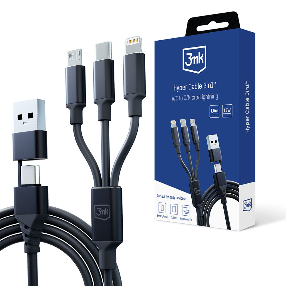 USB-A / USB-C - Lightning / microUSB / USB-C 3MK Hyper 3in1 ladekabel, 12W, 1.5m, Svart