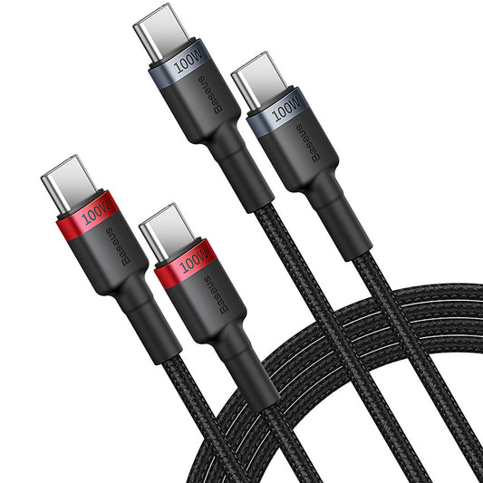 USB-C data- og ladekabel - USB-C Baseus Cafule USB-C, 100 W, 1 m, rød, sett med 2 stk.