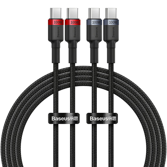 USB-C data- og ladekabel - USB-C Baseus Cafule USB-C, 100 W, 1 m, rød, sett med 2 stk.