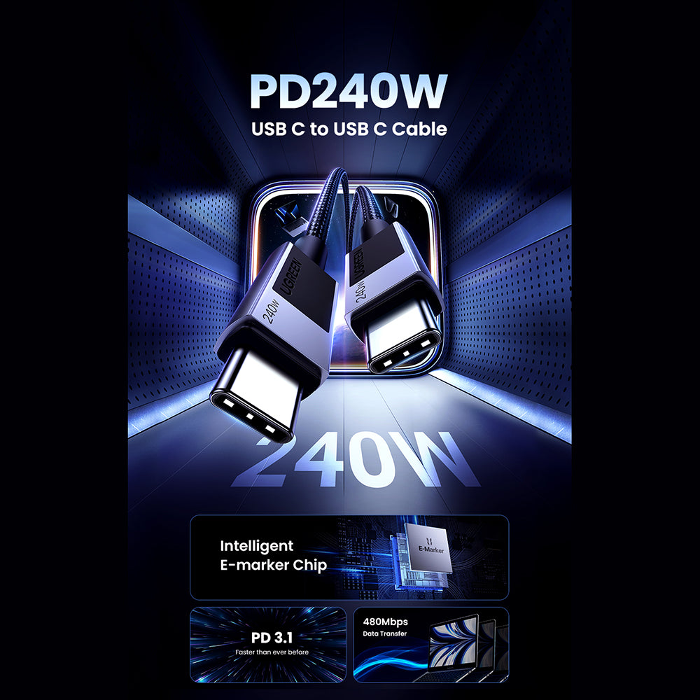 USB-C til USB-C Data- og Ladekabel UGREEN L513, 240W, 2m, Svart