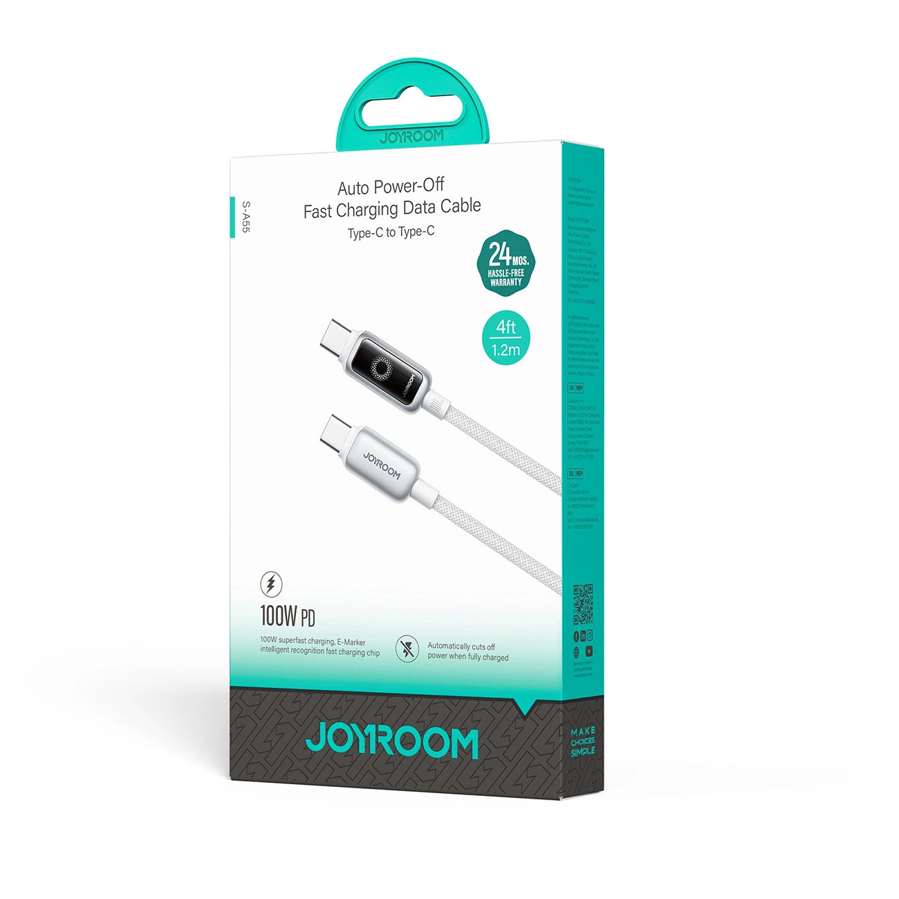 USB-C til USB-C data- og ladekabel Joyroom S-A55 StarFlight Display, 100W, 1.2m, Hvit