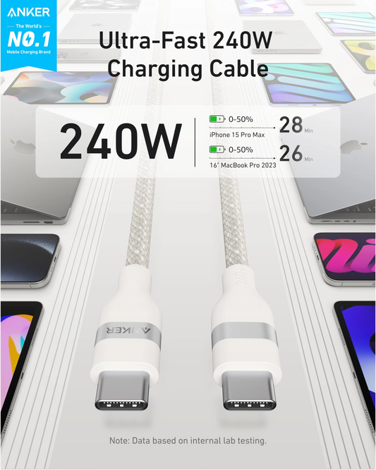 USB-C til USB-C Anker data- og ladekabel, 240W, 1.8m, Hvit A82E2H22