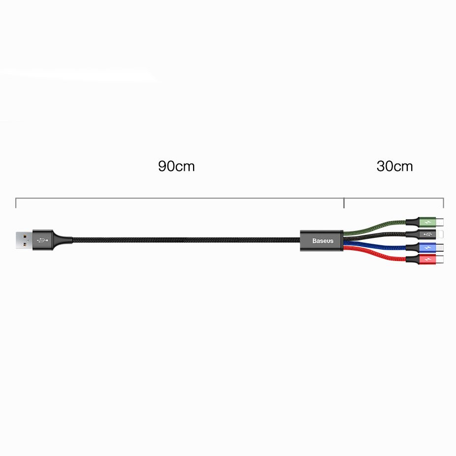 USB-A ladekabel - 2 x Lightning / microUSB / USB-C Baseus Rapid 4in1, 20W, 1.2m, Svart CA1T4-A01