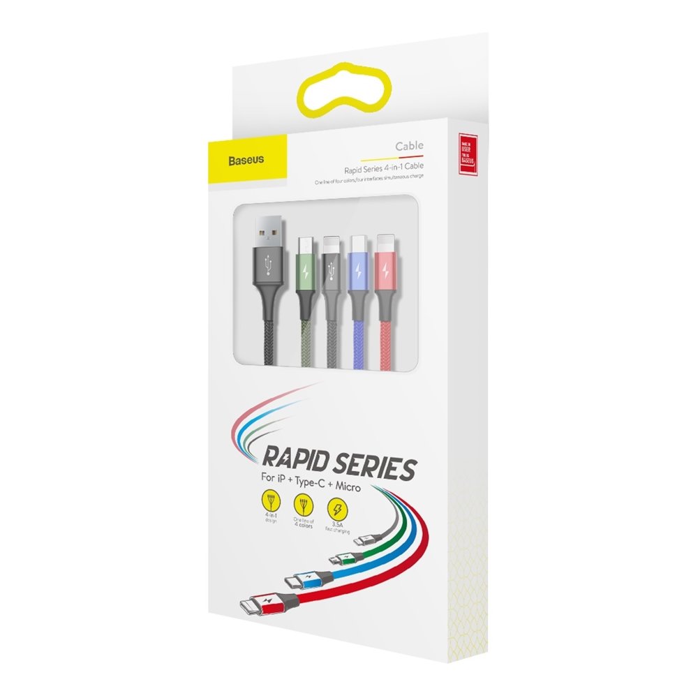 USB-A ladekabel - 2 x Lightning / microUSB / USB-C Baseus Rapid 4in1, 20W, 1.2m, Svart CA1T4-A01