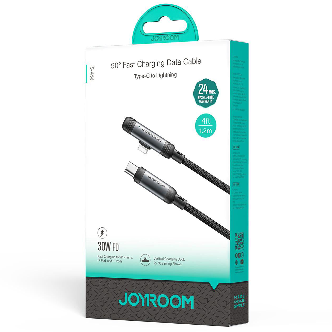 USB-C - Lightning Joyroom S-A56 EnjoyX Angled data- og ladekabel, 30W, 1.2m, Svart