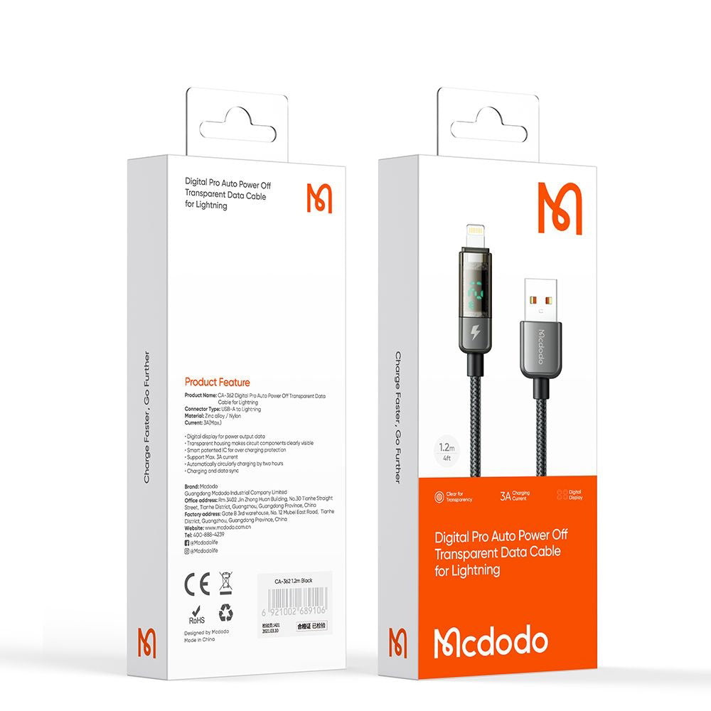 USB-A - Lightning McDodo CA-3620 Display Auto Power Off, 18W, 1.2m, Svart