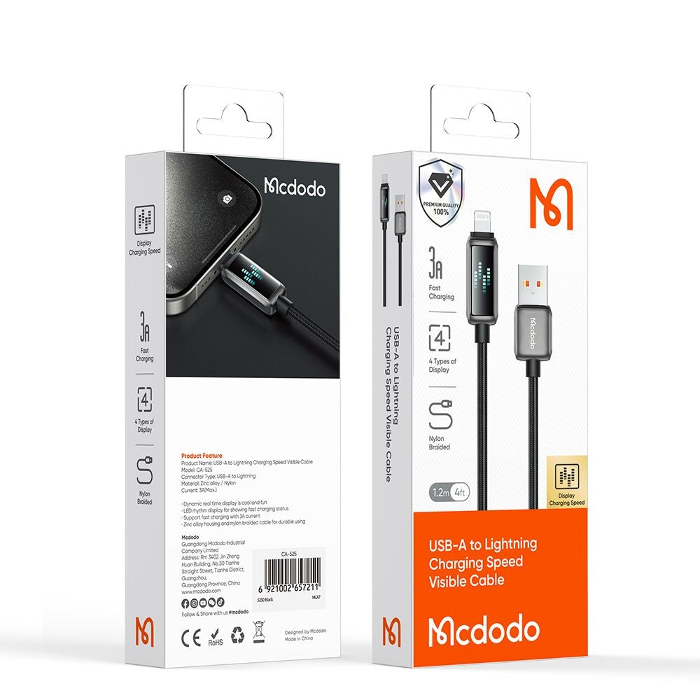 USB-A - Lightning McDodo CA-5250 Display data- og ladekabel, 18W, 1.2m, Svart