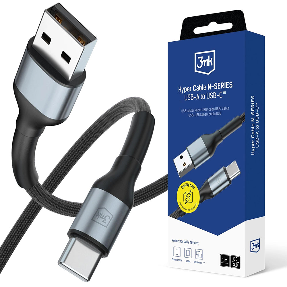 Data- og ladekabel USB-A - USB-C 3MK Hyper N, 18W, 1m, Svart