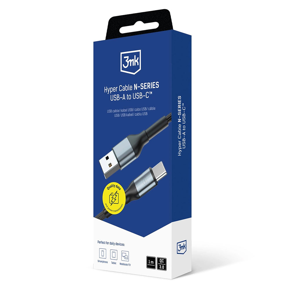 Data- og ladekabel USB-A - USB-C 3MK Hyper N, 18W, 1m, Svart
