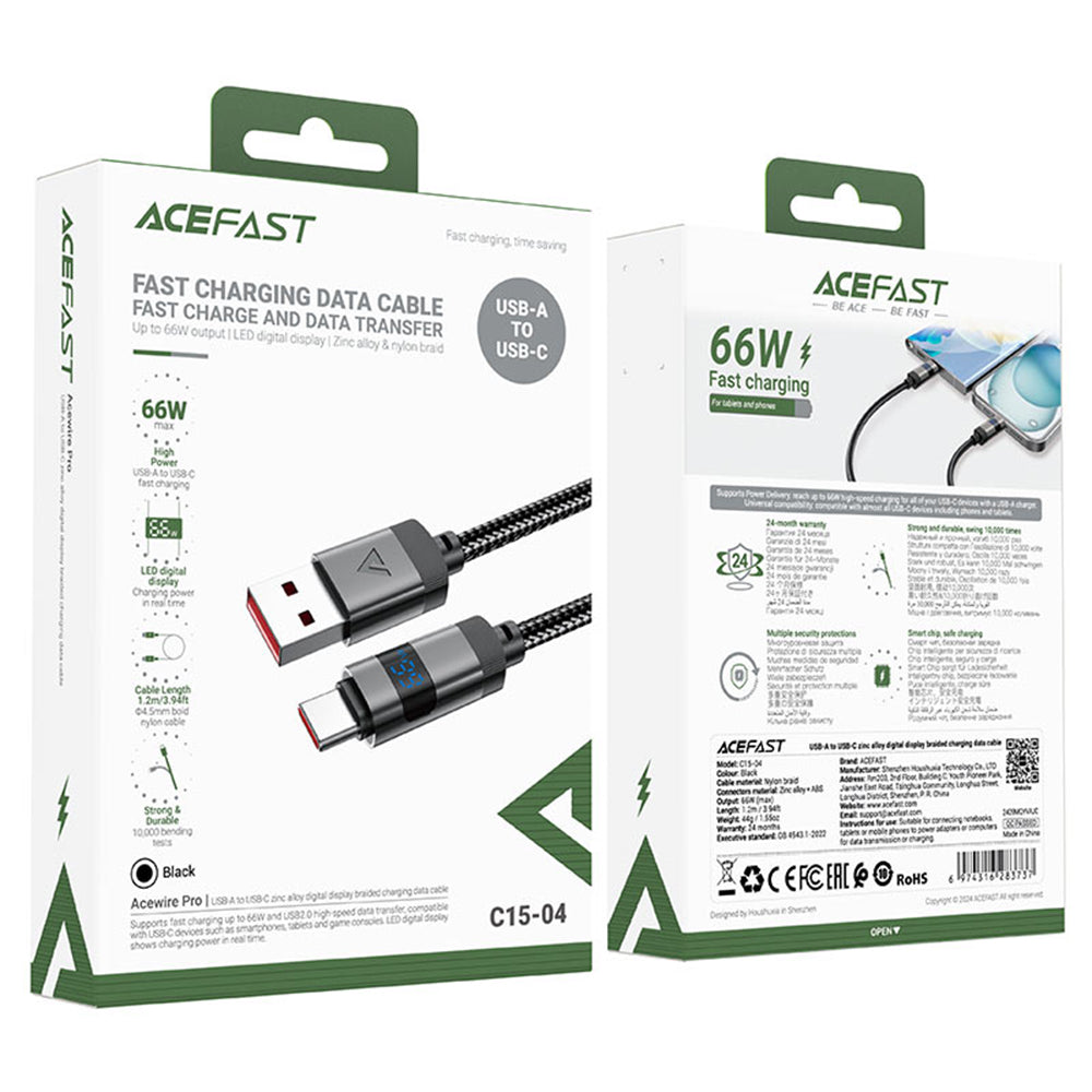 Data- og ladekabel USB-A - USB-C Acefast C15-04 Display, 66W, 1.2m, Svart