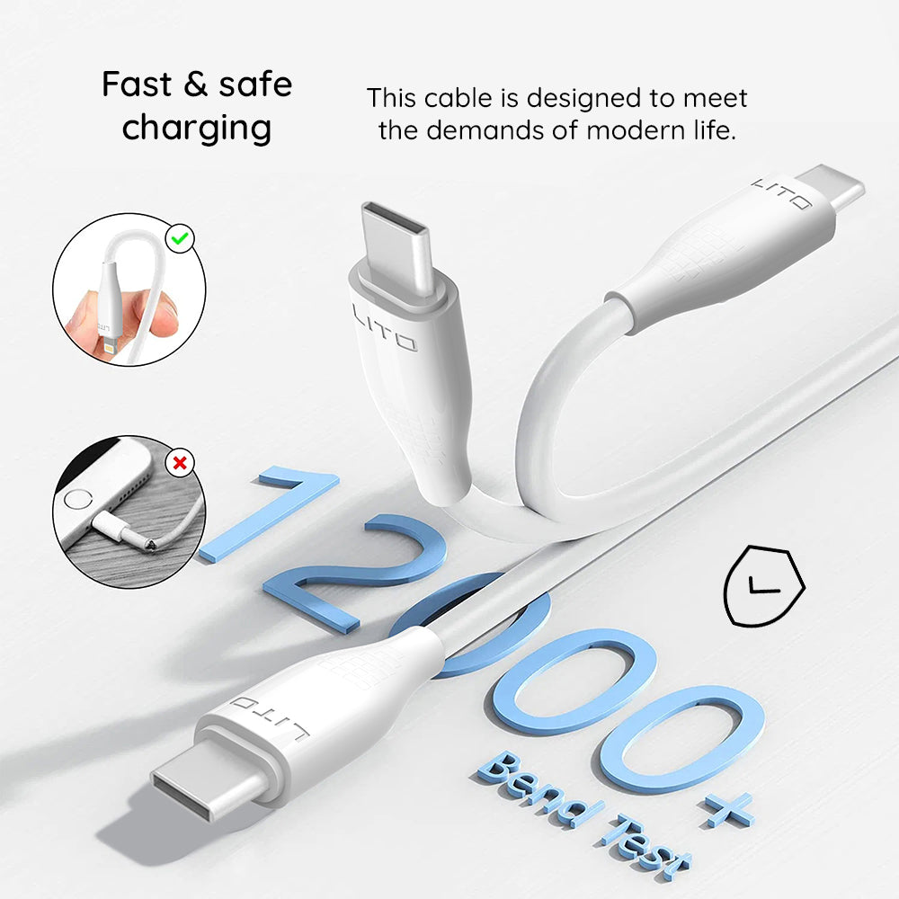 Data- og ladekabel USB-A - USB-C Lito LD03T, 18W, 1m, Hvit