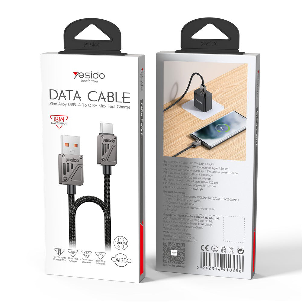 USB-A til USB-C data- og ladekabel Yesido CA135C, 18W, 1.2m, Svart