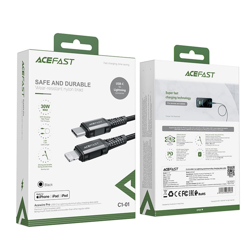 Data- og ladekabel USB-C - Lightning Acefast C1-01, 30W, 1.2m, Svart
