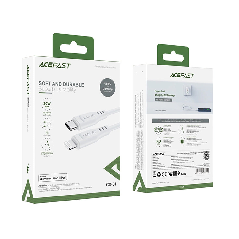 Data- og ladekabel USB-C - Lightning Acefast C3-01, 30W, 1.2m, Hvit