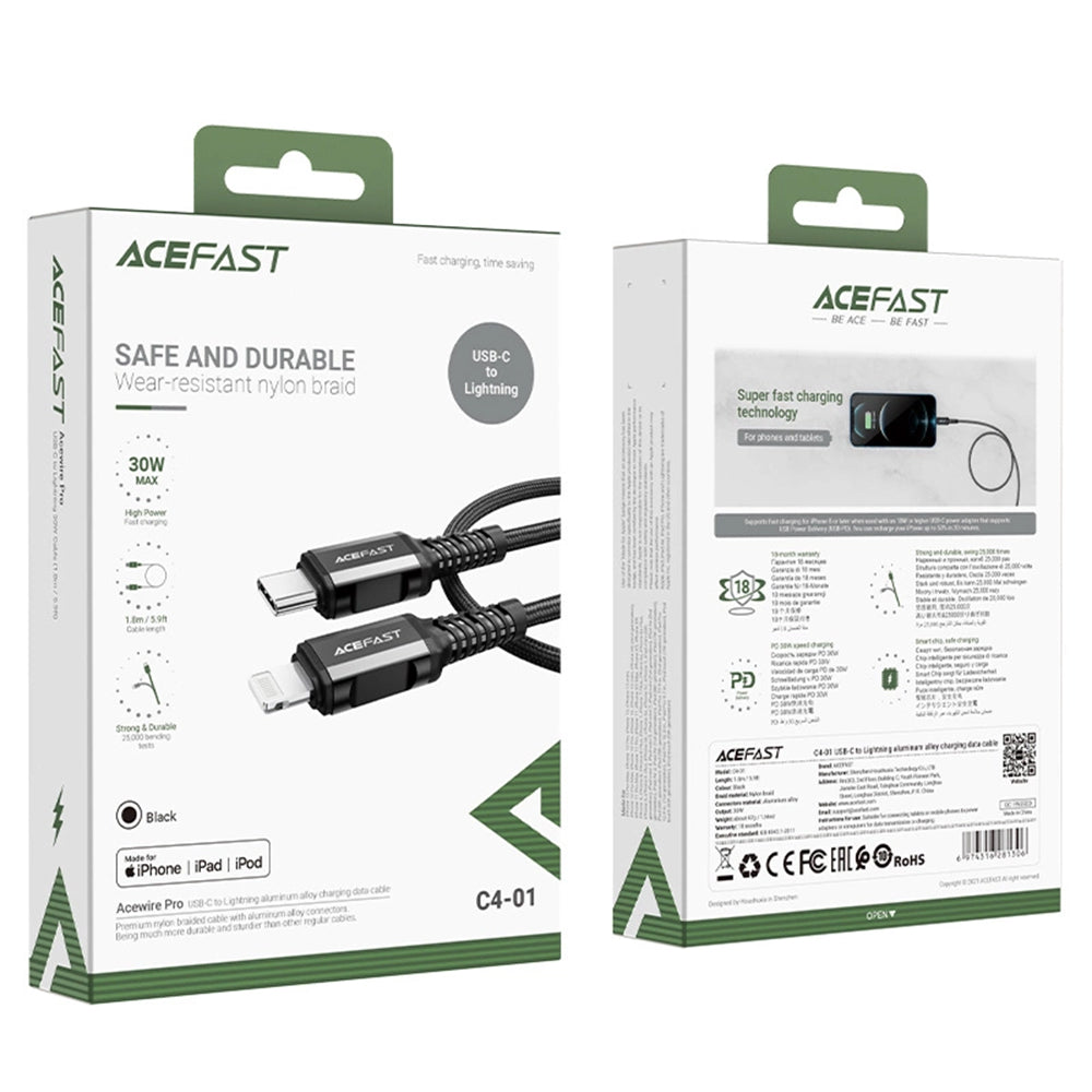 USB-C - Lightning Data- og Ladekabel Acefast C4-01, 30W, 1.8m, Svart